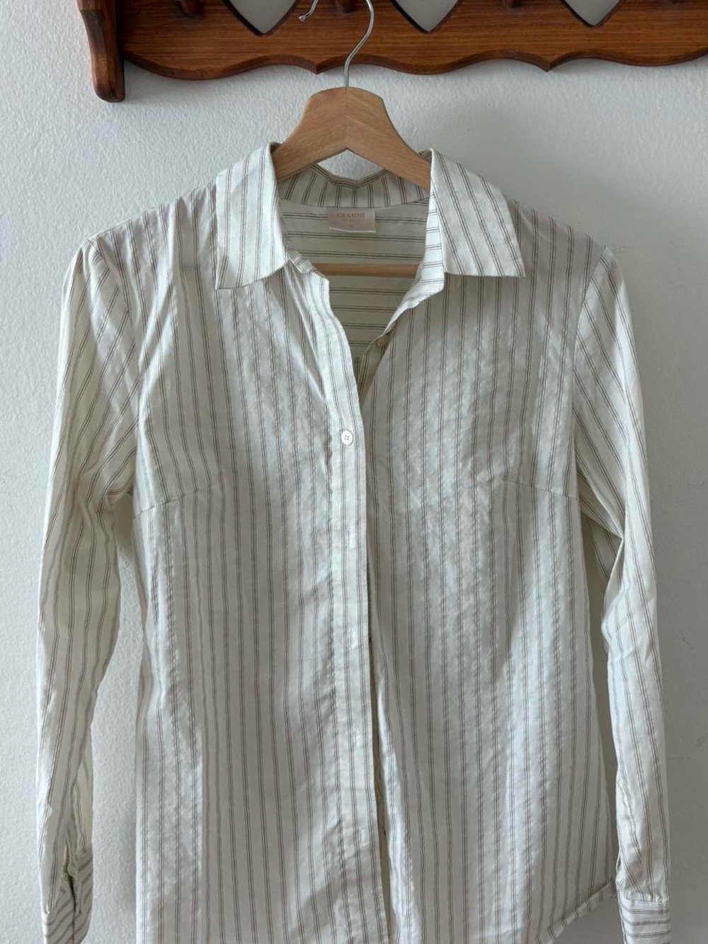 Ganni Italian Cream Button-Up Shirt with Thin Burgundy Stripes